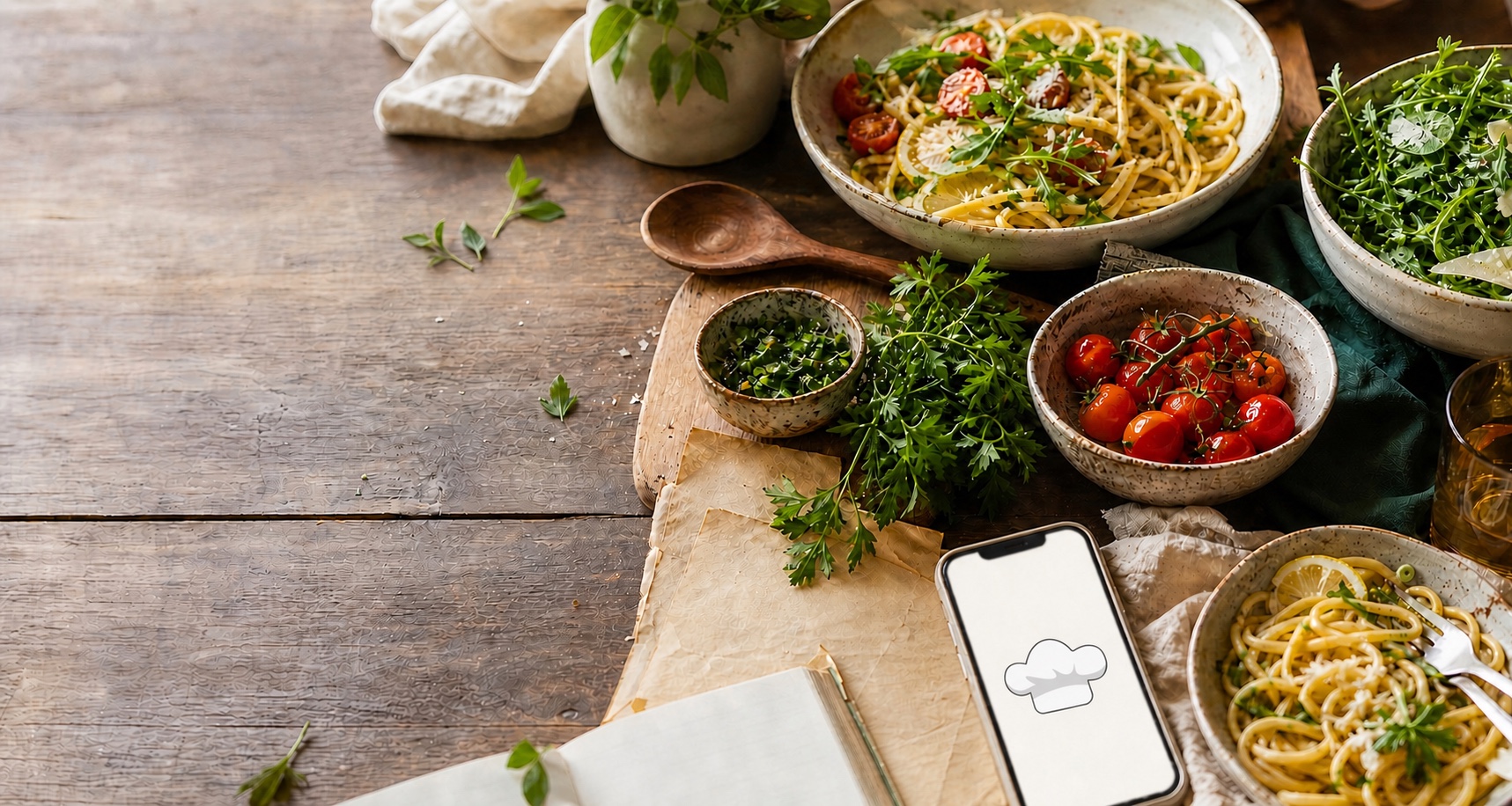 Lemon pasta and greens on a table beside a phone showing the Dishin logo